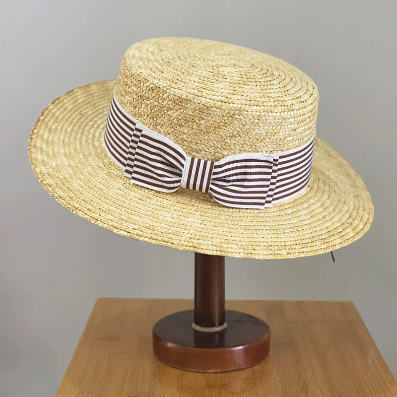

New Summer Vintage Handmade Fine Straw Flat Top Hat Fashion Stripe Bow Women Beach Hats Anti-UV Sun Hats Derby Hat Mujer Verano