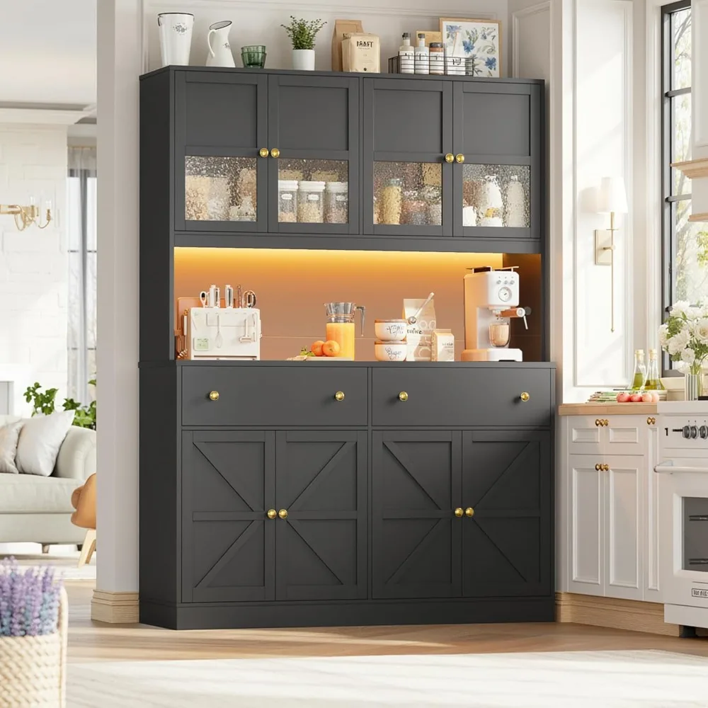 71" Pantry Cabinet with LED Light and Charging Station, Farmhouse Kitchen Pantry Cabinet with Microwave Stand, Customized 4