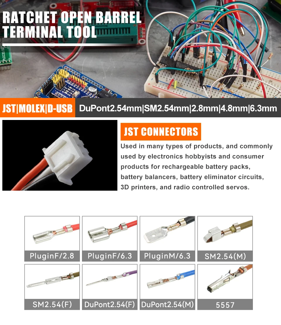 Description Picture 2 of itemRatcheting Crimping Tool 9 PCS Set For Dupont JST MOLEX Open Barrel,Non-Insulated,Terminals Butt,Solar Coax Connectors SN-58B