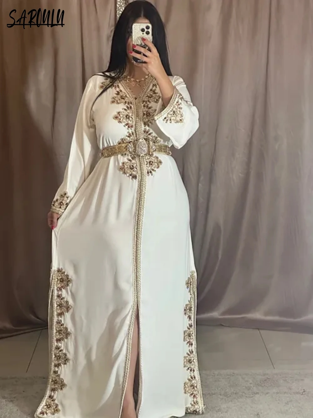 A-line Evening Dress Dubai Moroccan Muslim Party Kaftan Caftan Dress Elegant V-neck Appliques Gown Vestidos De Gala bealegantom elegant a line v neck prom dresses beaded crystal long formal evening party gown vestidos de gala bm99