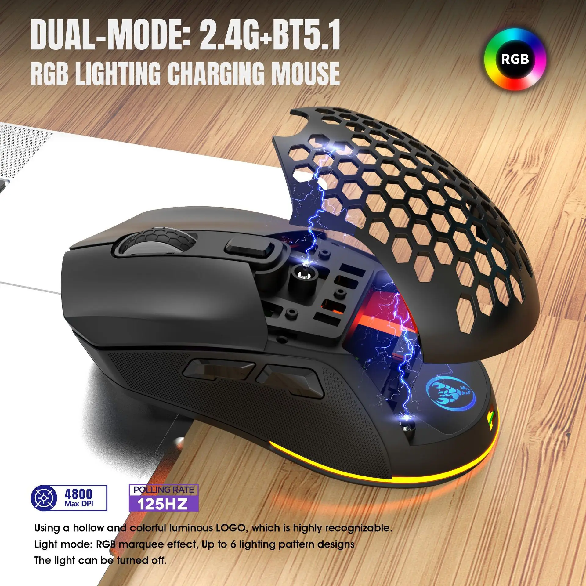 

Bluetooth Rechargeable Gaming Mouse USB 2.4G Wireless RGB Light Honeycomb Gaming Mouse Desktop PC Computers Notebook Laptop Mice