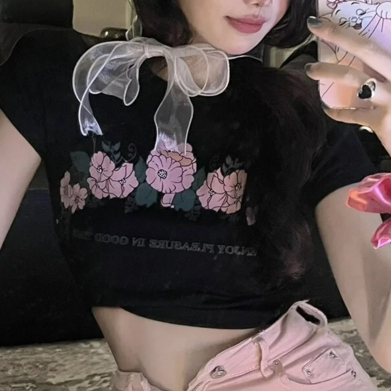 

O Neck Short Sleeve Slim Crop Top Y2k Clothes Summer Korean Fashion All-match Tees Flower Print Design Sense Women T-shirts