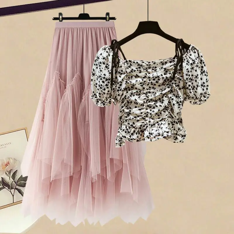 Korean Style Drawstring Pleated Short Sleeved T-shirt Tops Tulle Pleated Skirt Two-piece Elegant Women's Pants Set Casual Outfit