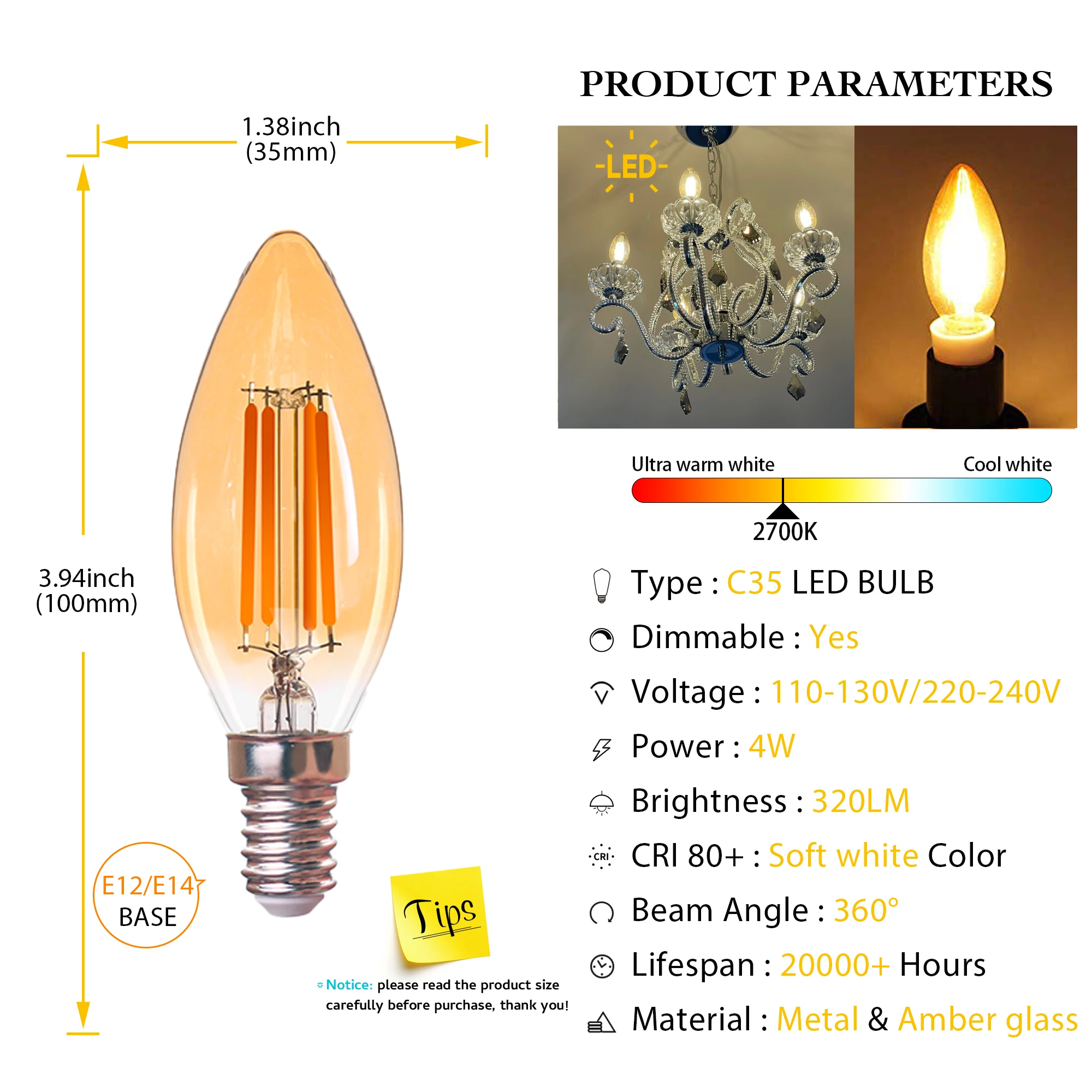 E12 E14 캔들 LED 전구 C35 4W 디밍 가능 LED 필라멘트 전구 앰버 글라스 110V 220V 웜 화이트 2700K 장식 캔들라브라 앤틱 램프