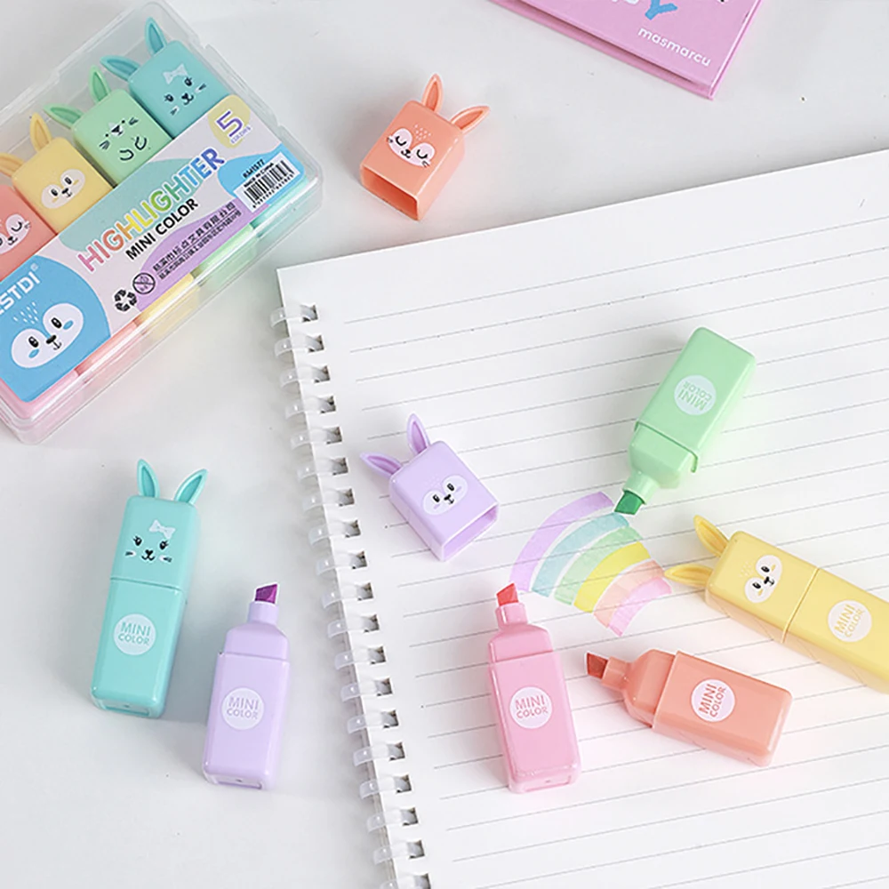 6Pcs/Set Kawaii Stationery Cartoon Animals Highlighter Macaron Cute Oblique Tip Marker Scrapbooking Diary Fluorescent Pen