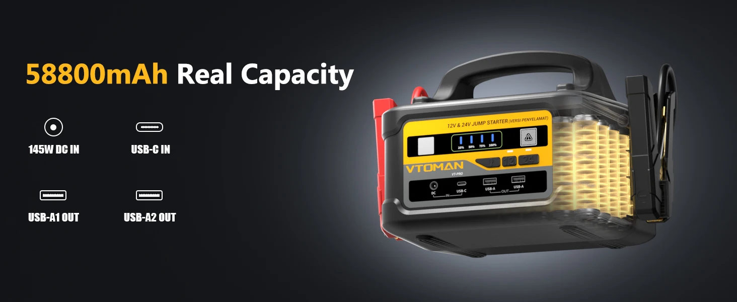 VTOMAN Starthilfegerät 58800mAh 12V/24V Tragbares Hochleistungs-Powerpack Leistungsstarker Autobatterie-Booster für Alle Benzin- und Diesel-Fahrzeuge – Detail 6