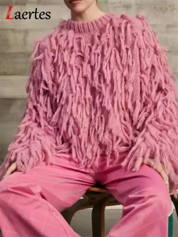 

Laertes 2023 Autumn Winter Oversized Tassel Knit Sweaters Tops Loose O Neck Streetwear Women Long Sleeve Pullovers Jumpers