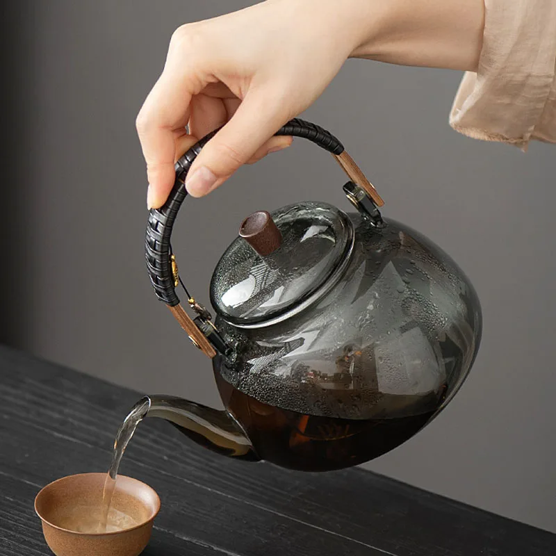 Chinese Style Smoke Grey Teapot, Heat-resistant Glass, Kung Fu Household, Tea Separation, 1200ML Household Boiling Tea Pots, 1Pc