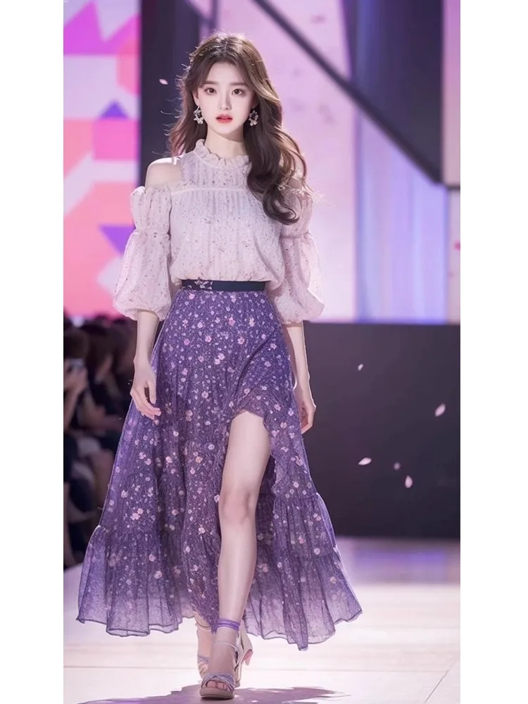 Spring Autumn Elegant Outfit Femme 2024 New Off-the-Shoulder Shirt and Skirt Sets Fashion Sweet Cute Women's Two-Piece Set