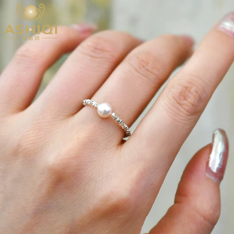 Silver Ring ASHIQI Natural Freshwater Pearl Glossy Broken Silver Ring 925 Sterling Silver Jewelry Party Gift for Girls silver ring silver rings