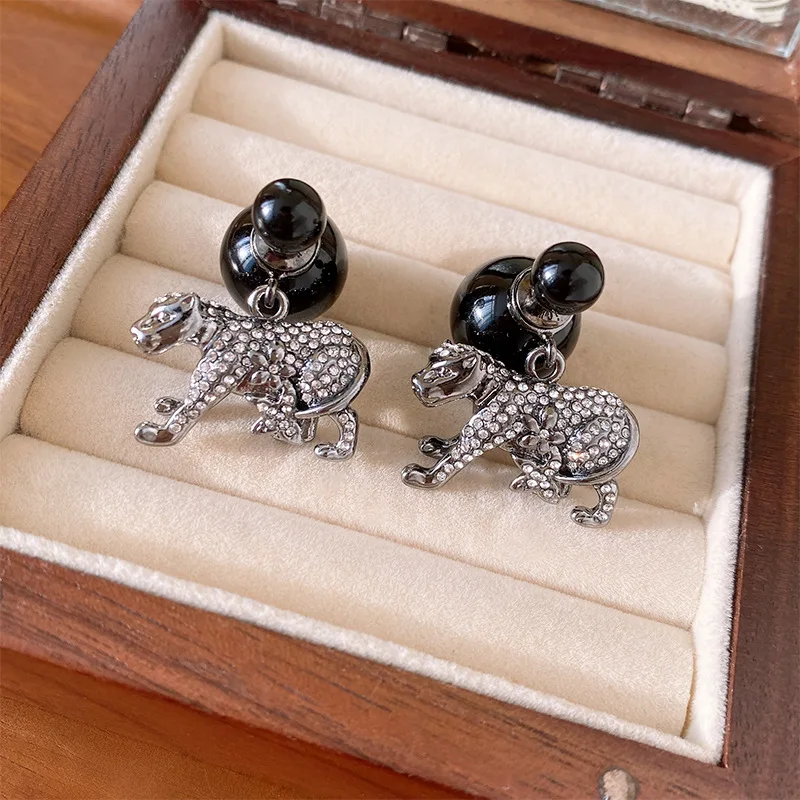 S3391 Rhinestone Leopard Dangle Earrings S925 Silver Needle For Women Ball Beads Stud Earrings