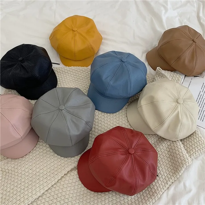 Women Hats Fall Winter Solid Color PU Leather Octagonal Casual Vintage