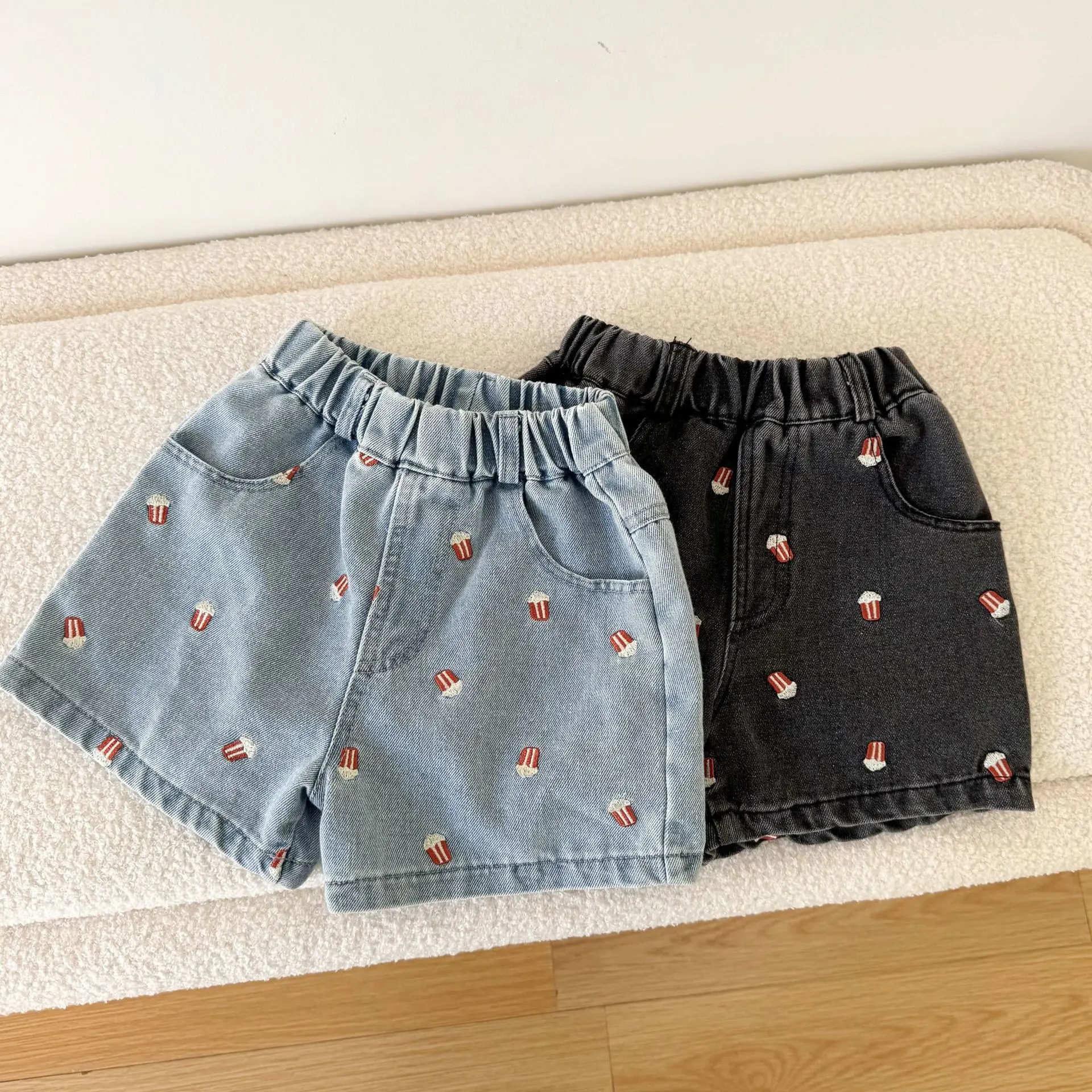 Children's Denim Shorts Embroidered Popcorn Casual Pants Summer Korean New Kids Baby Boys Girls Loose Jeans Shorts