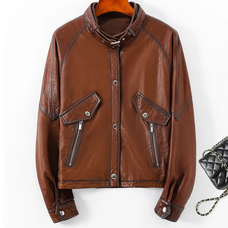 Genuine Sheepskin Leather Jackets Women Windproof Motorcycle Leather Coat Biker Jackets Single-Breasted 2022 New Fashion GR3786