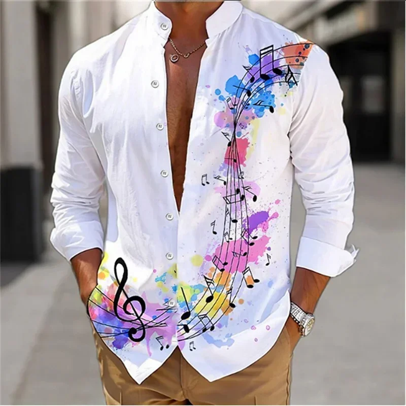 Summer 2024 Men's Shirt Long Sleeve Music Note 3D Printed Stand Collar Single Breasted Cardigan Hawaiian Casual Men's Shirt 6XL