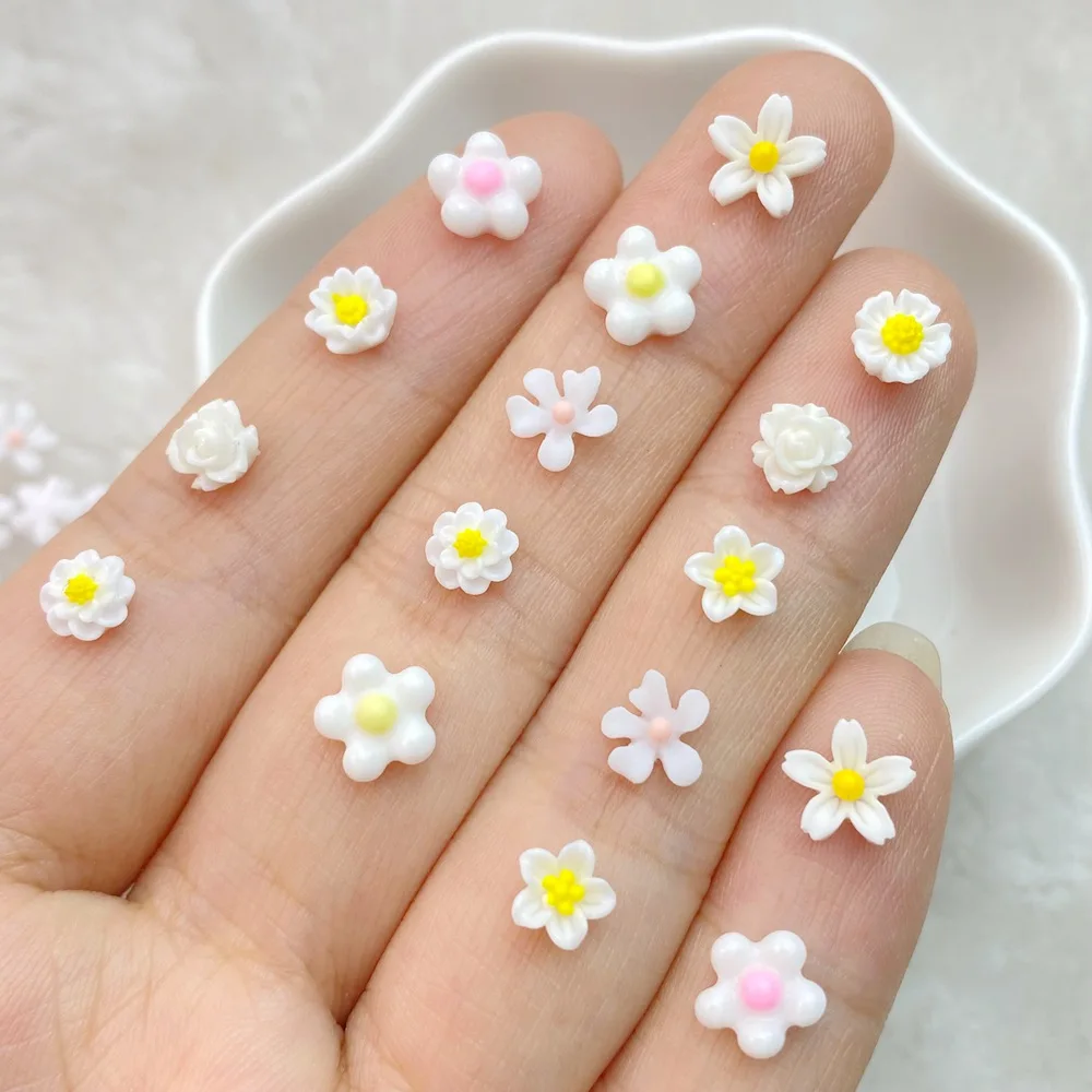 Ornament Crafts Resin Crafts 100Pcs Cute Resin Mini Colorful Small White Flower FlatBack Cabochon Ornament Jewelry Making Manicure Hairwear Accessories