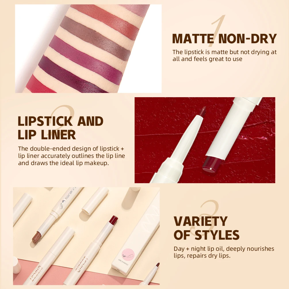 2 IN 1 Lip Liner Waterproof Matte Lipstick Pencil Makeup Set Contour Tint Sexy Red Long Lasting Moisturizer Lipliner Cosmetics, lip liner,lip liner pencil,lipliner pencil,lipstick set,lip liner set,lip makeup set,lipstick pencil