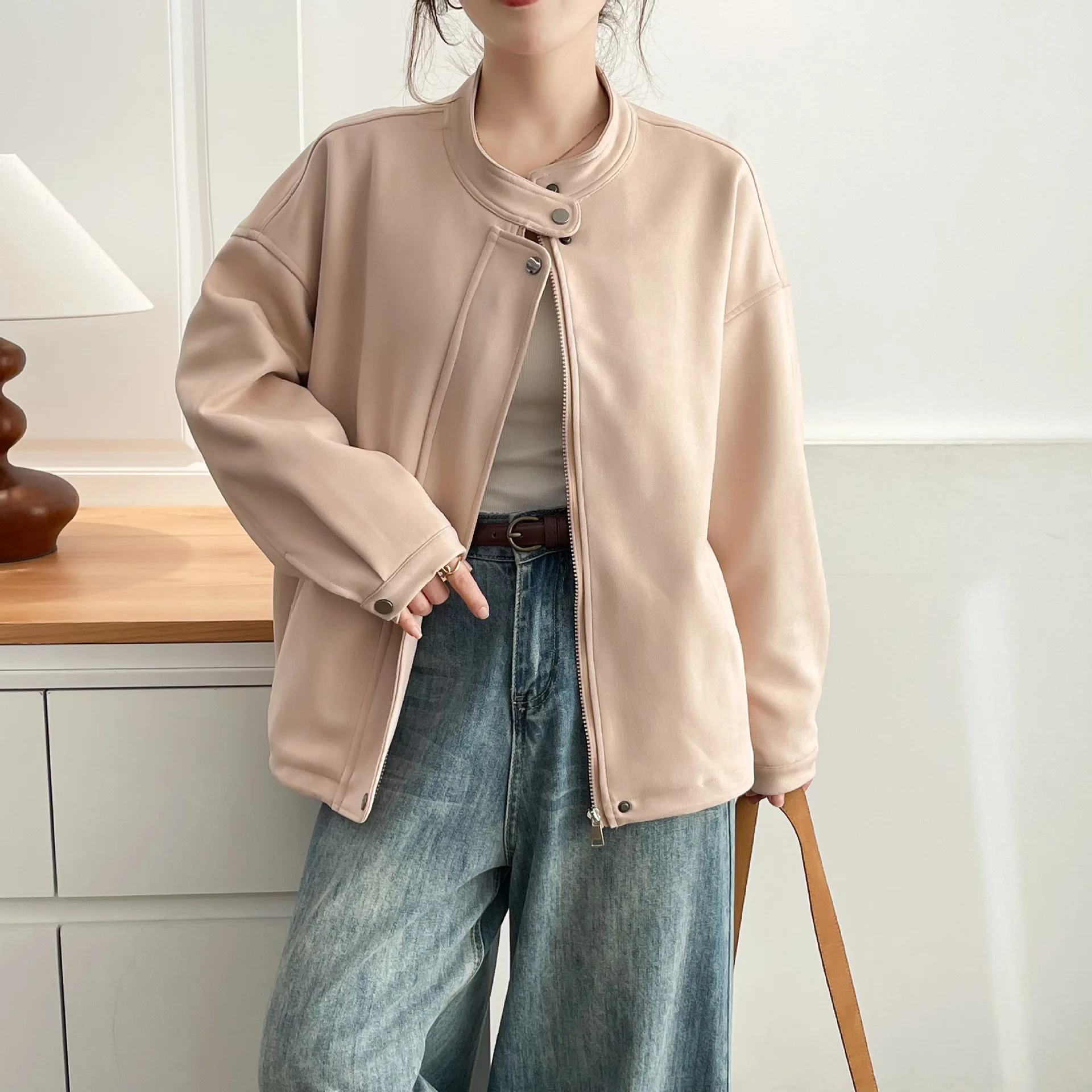 XXXXL Fashion Plus Size Women's Jacket Autumn Elegant Suede Fabric Casual Zipper Coat