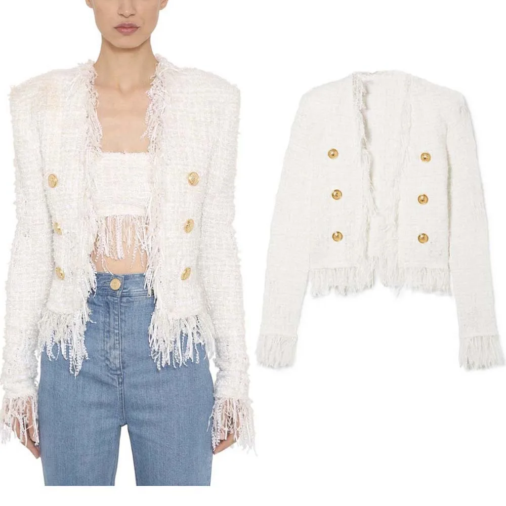 

2022 Spring And Autumn New Fashion Bright Silk Woolen Long Sleeve Tassel Gold Button Slim Coat Casual Women's Top