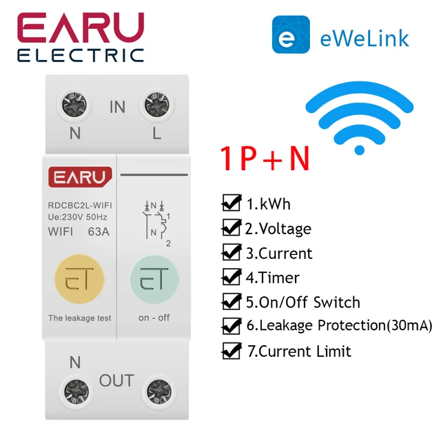 Disyuntor WIFI 1P + N, medidor de energía kWh, temporizador de tiempo,  interruptor, voltímetro de relé