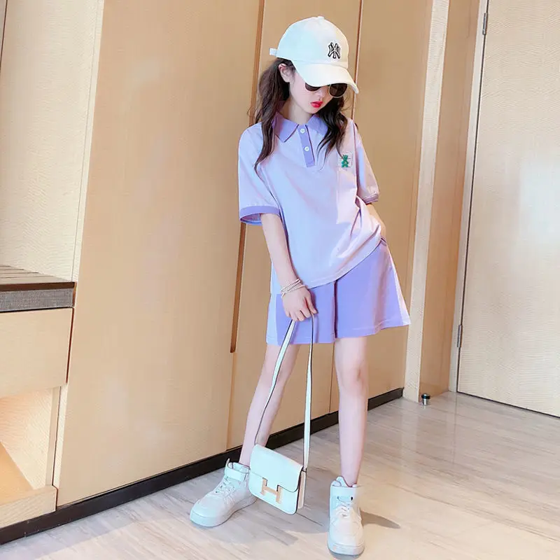 

2023 Summer teens kids baby Girls Clothes Set patchwork Child loose T-Shirt + short pants 2Pcs tracksuit