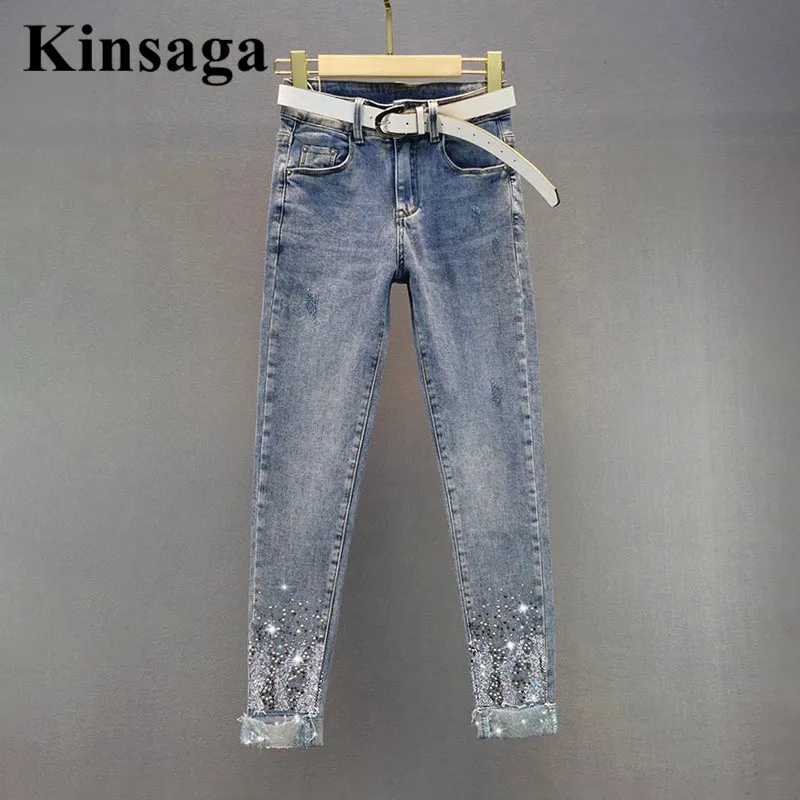 Minimalist Drill Revers Ankle Banded Jeans Female Elegant 90s Aesthetic Sequins Lace Cuffed Pencil Jean Women Retro Demin Pants ladiguard women boot cut demin pants large big female sexy flare jeans hole trouser 2022 european style fashion ripped pants