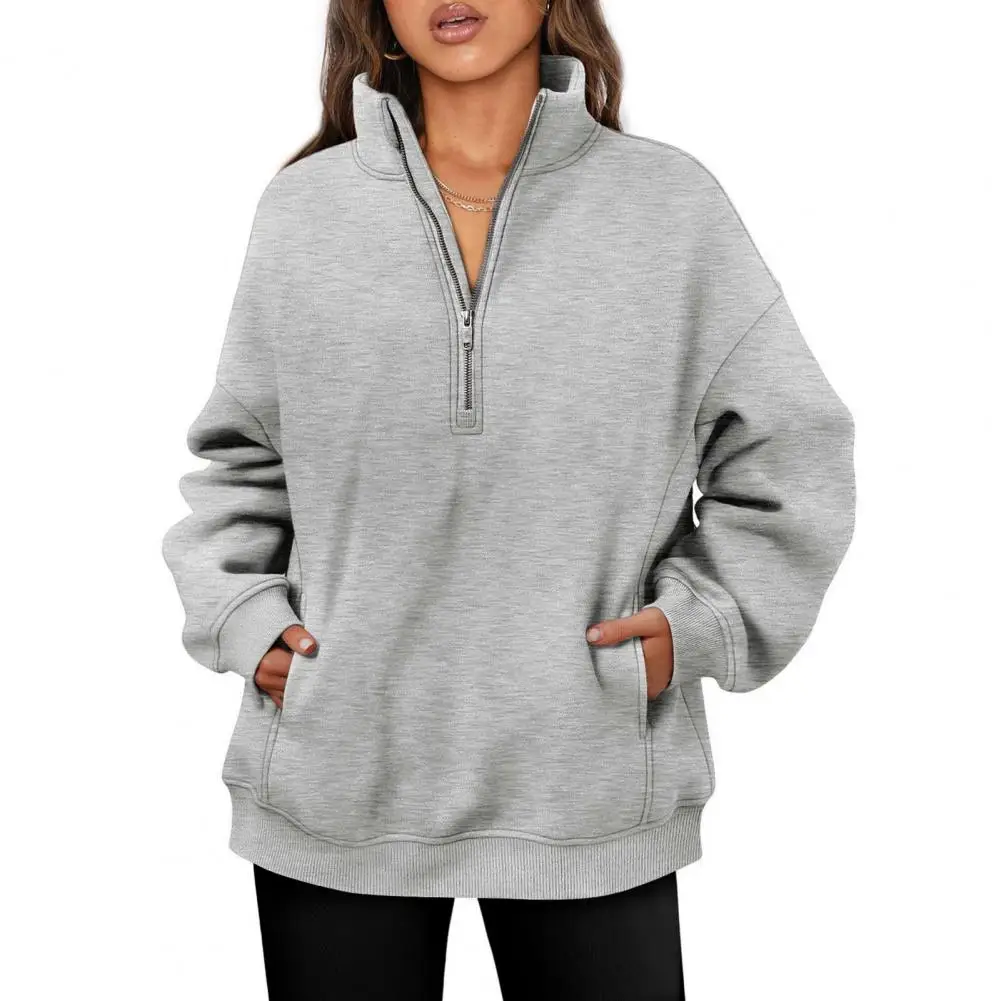 

Sweatshirt Women Autumn Casual Half Zip Pocket Solid Color Long Sleeves Stand Half High Collar Loose Female Pullover Hoodie Top