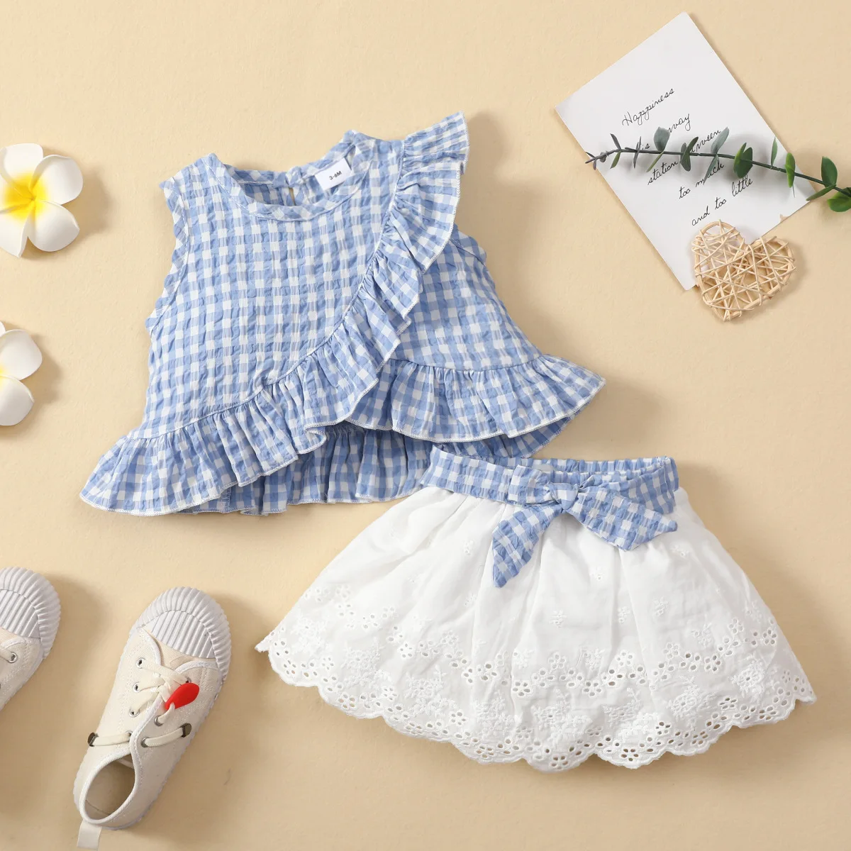 

Baby Sleeveless Ruffled Plaid Blouse with Bow Embroidery Skirt Set Skirt Girls European and American Fashion