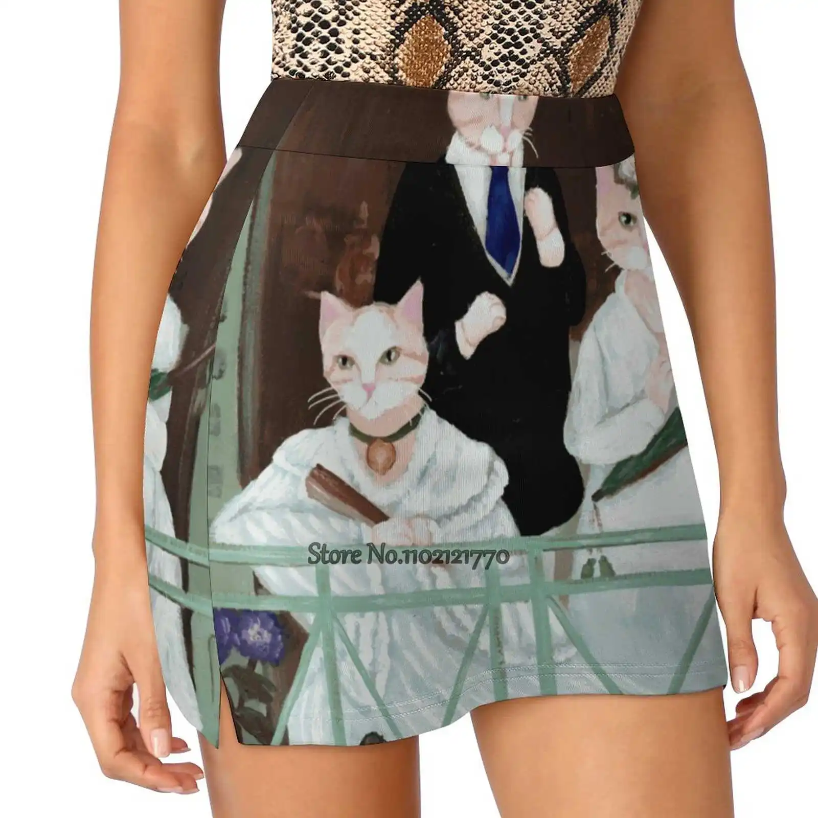 

Manet'S, балкон с кошками! Трендовая модная юбка, летние женские спортивные юбки с принтом, двухслойная Атлетическая народная одежда с кошкой