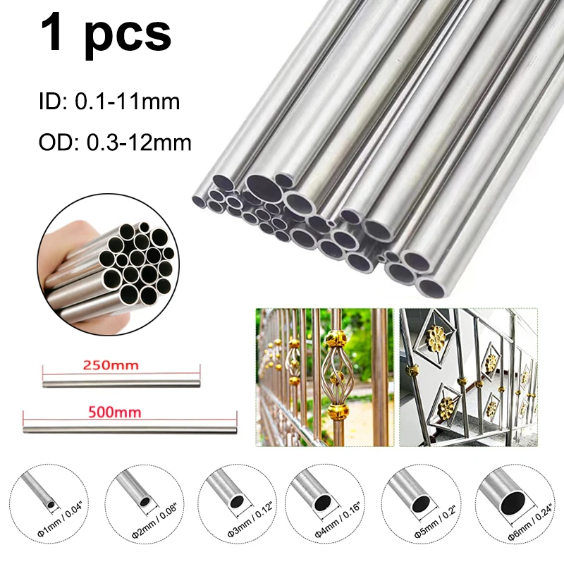 304 Stainless Steel Round Capillary Tube OD 0.3-12mm ID 0.1-11mm 250mm 500mm long 1pcs stainless steel tube