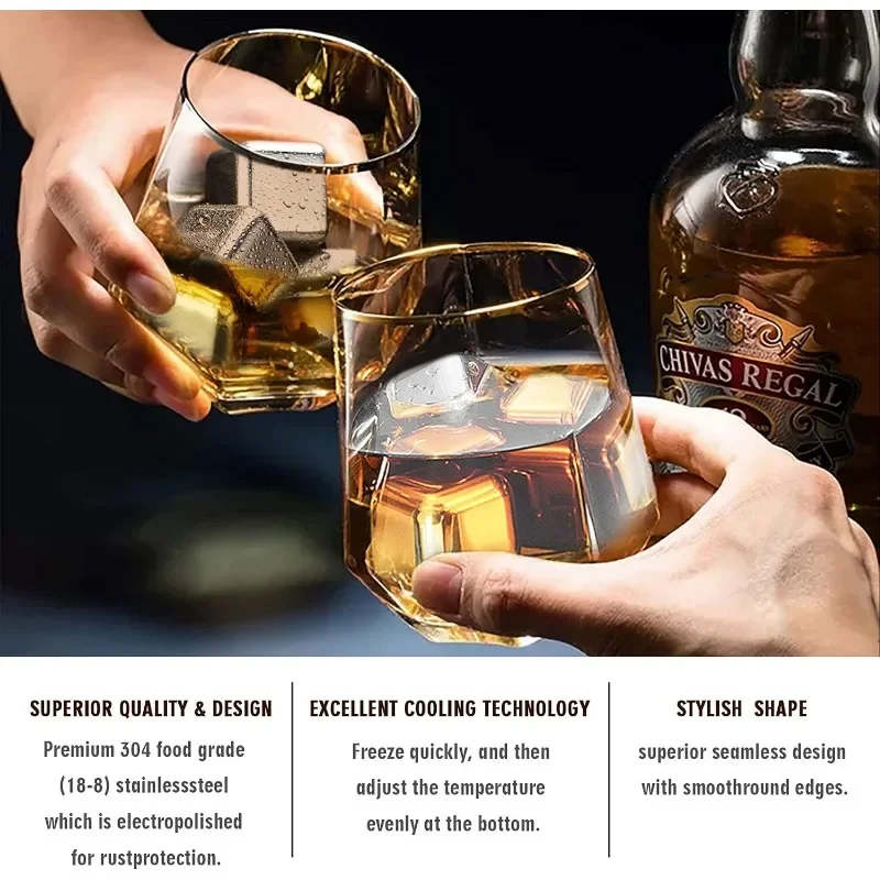 Stainless Steel Ice Cubes Set Whiskey Stones Reusable Stainless Steel Ice Cubes for Whiskey Wine Cocktails Bourbonor and Drinks