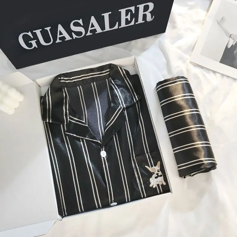 

Spring Autumn Men Pajamas Set Silk Sleepwear Long Sleeved Nightwear Lounge Striped Sleep Clothing Satin Plus Size Male Nighties
