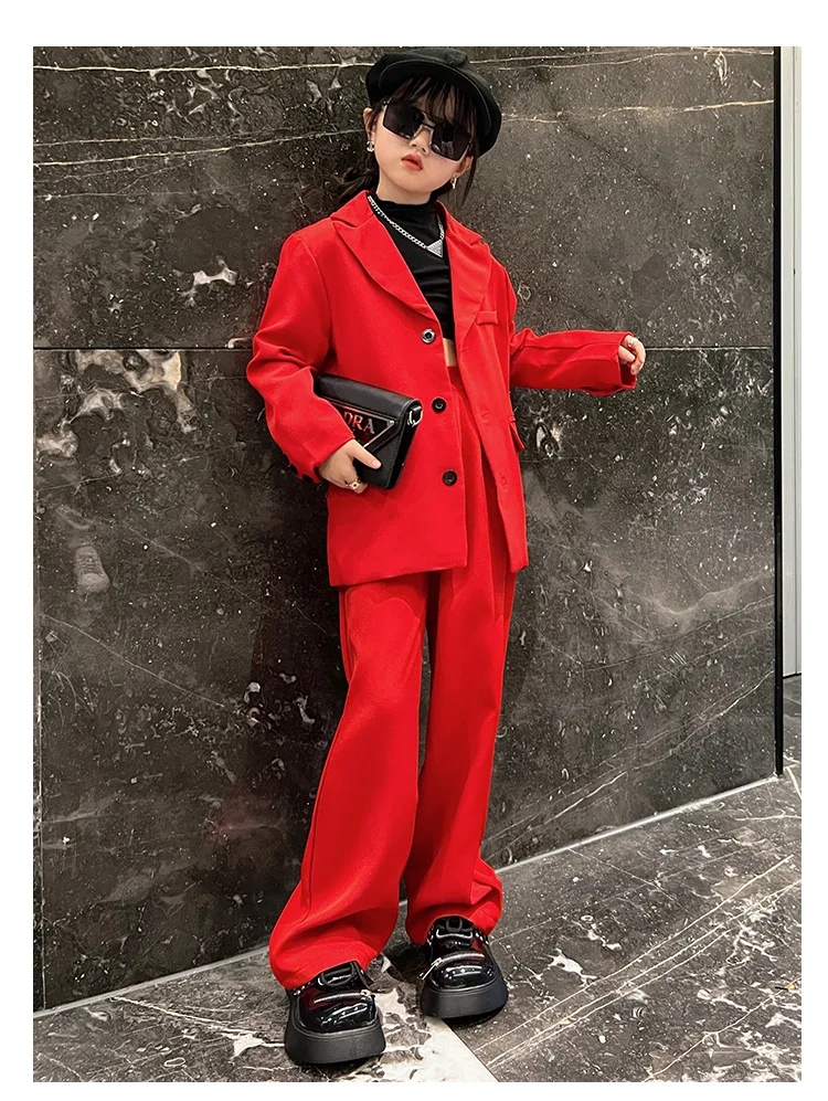 Girls Suit Fashion Loose Red Jacket Pants 2-Pieces Autumn