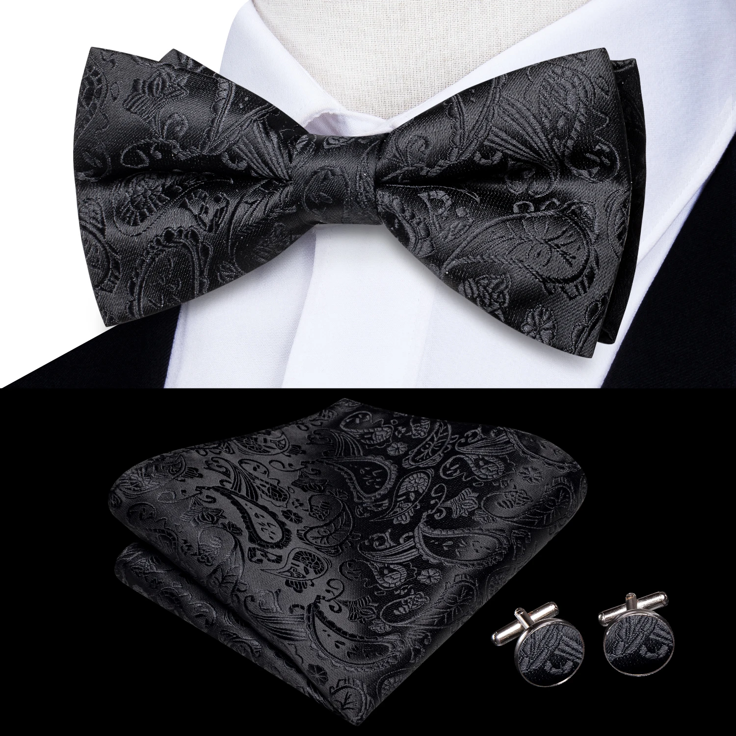 

Hi-Tie Silk Pre-tied Mens Bowtie Hanky Cufflinks Set Bow Tie Cravat for Male Jacquard Black White Green Red Gold Blue Pink Beige