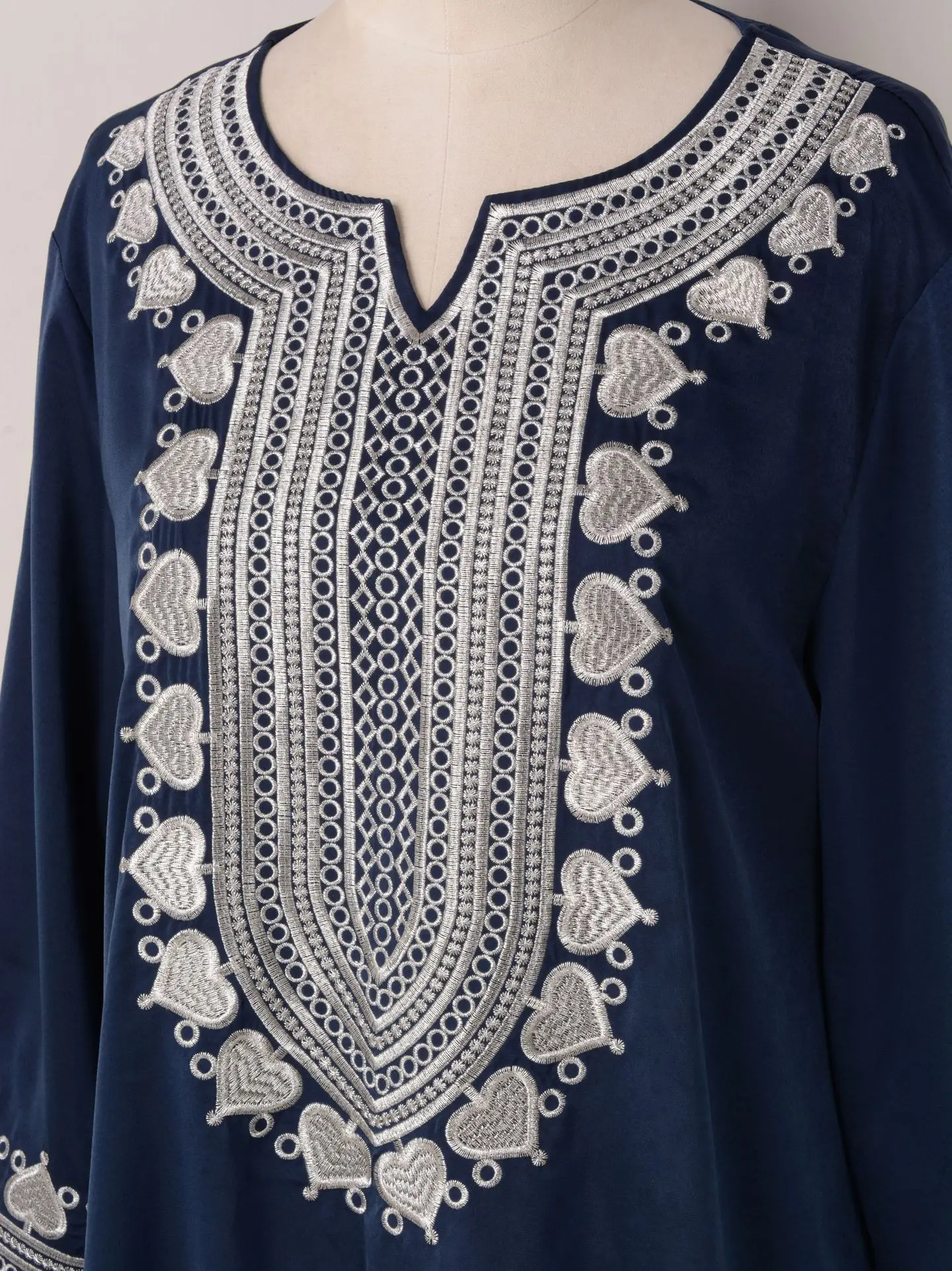 Modest Fashion Abaya Islamic Chic Solid Embroidery Notched V-Neck Full Sleeve Casual Indian Long Dresses Muslims Womens