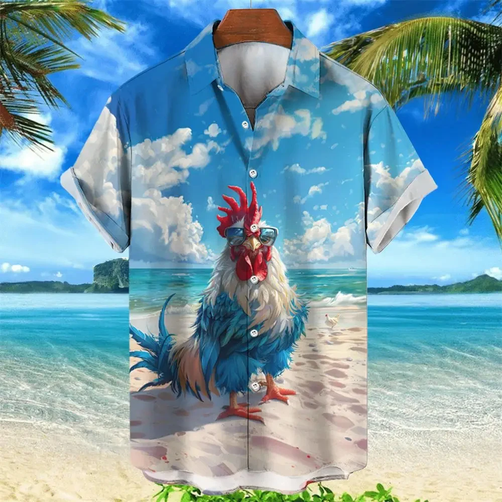 Hawaii Herren hemd Cartoon 3d Tier Huhn Druck Tops Sommer Mode Urlaub Kurzarm Hemden Revers Knopf Kleidung