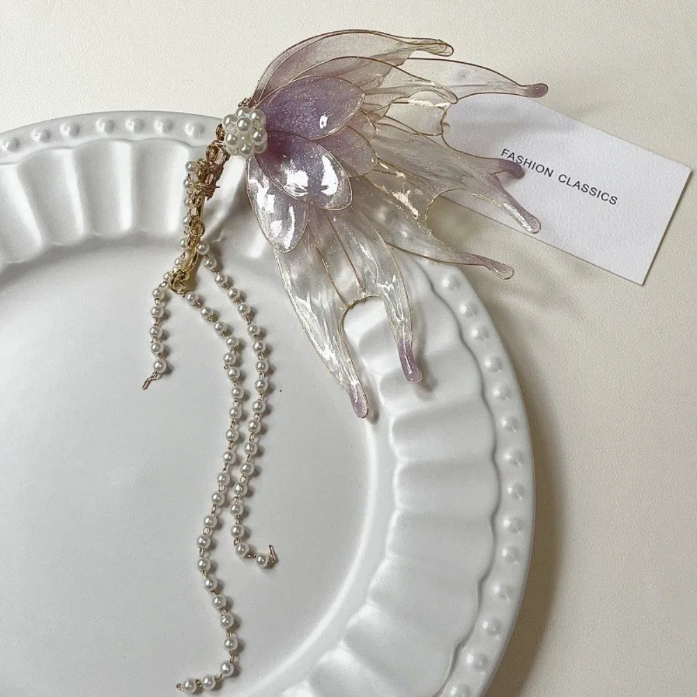 Modische Meerjungfrau-Prinzessin Ohrklemmen, Feenhafte Blumen-Ohrclips, Ästhetische Nicht-Piercing Perlen-Quasten-Ohrclips für Partys – Detail 10
