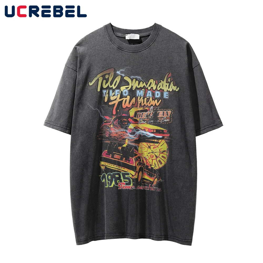 

Creative Racing Print Short Sleeve T-shirt Mens High Street Loose Distressed Crew Neck Half-Sleeve Streetwear Summer Cotton Tee