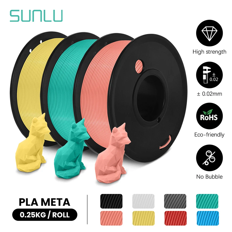 SUNLU 3Rolls PLA Meta 3D Filament 0.25KG/Roll 1.75MM No Bubble Bright Color Eco-Friendly Good Toughness