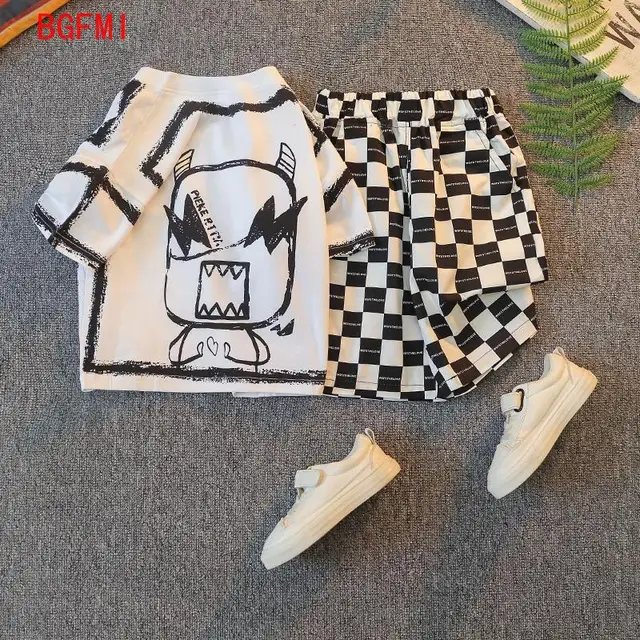 Teenager Boys Black White Gray Printed Cute Summer Suit 2022 New Children's Short-sleeved Kid Two-piece Fashion Clothes Sets