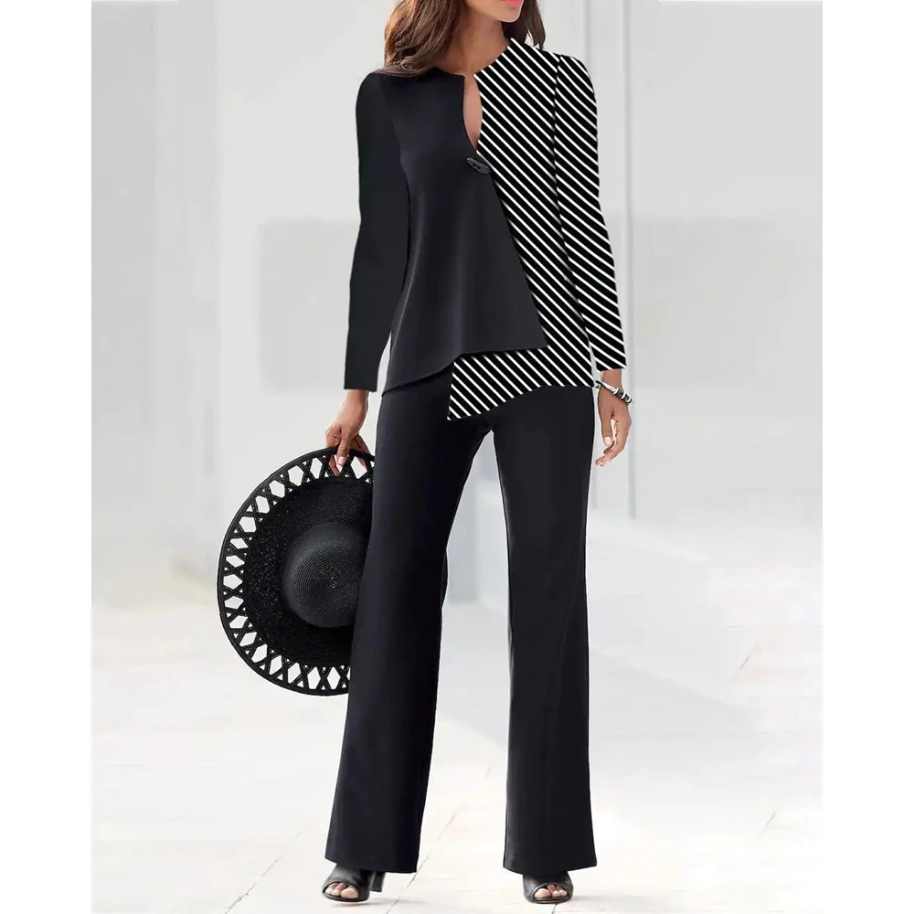 

Casual Women Colorblock Long Sleeve Top & Wide Leg Pants Set Summer Femme Office Lady Two Pieces Suit Set Outfits Korean Style
