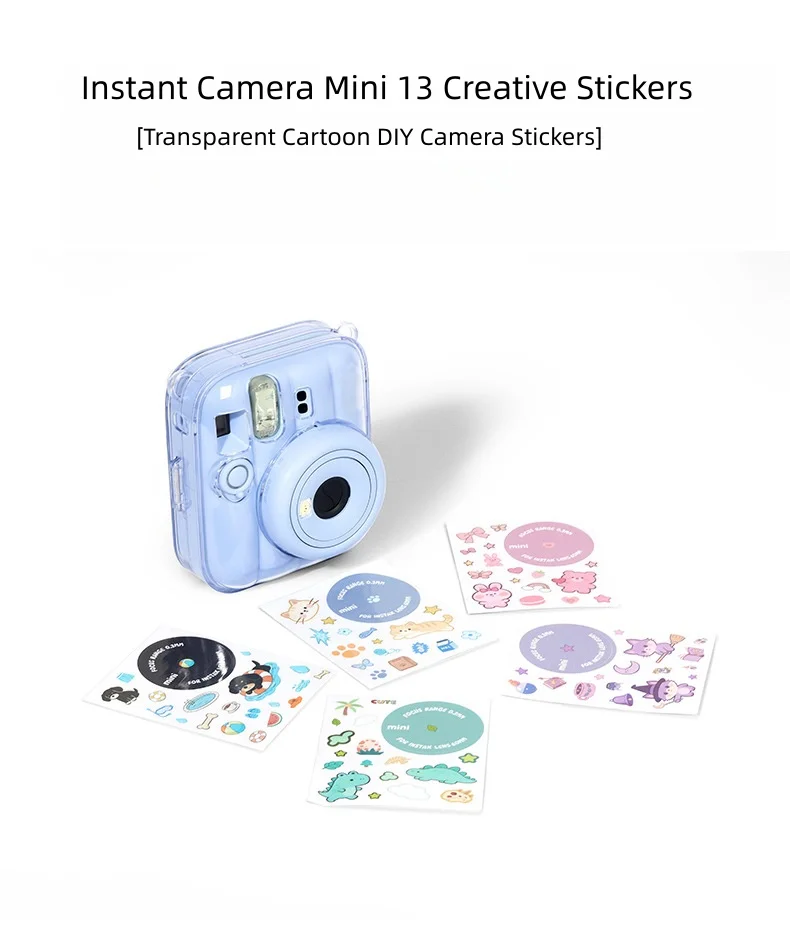 미니 13과 호환되는 카메라 케이스 및 스티커, 즉석 카메라용 DIY 데칼과 끈이 포함된 투명 쉘, 일상 여행용
