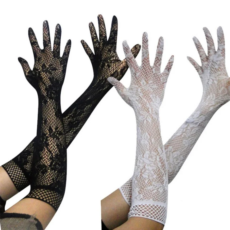 

New Sexy Lingerie Accessories Transparent Hollow High Elastic Lace Mesh Gloves Long
