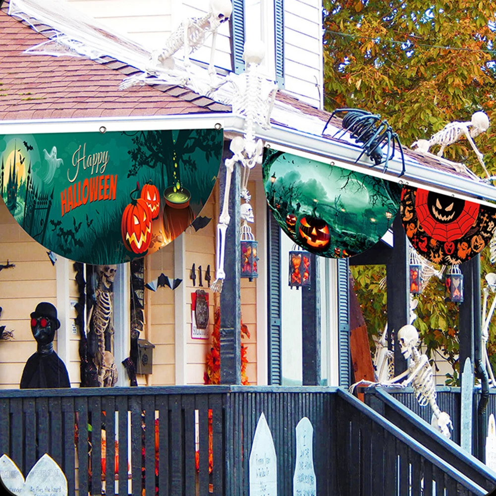 Halloween Fan Flag Spooky Halloween Bunting Flag Set for Outdoor Yard Decor Skull Ghost Pumpkin Banner for Porch Fence Kitchen