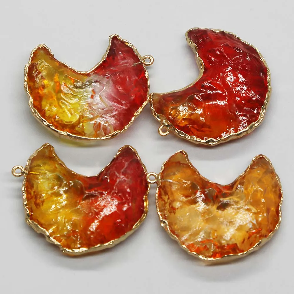 Natural Semiprecious Stone Yellow Red Crystal Crescent Gold Edged Necklace Pendant Charm Jewelry Gift Accessories Wholesale 8Pcs