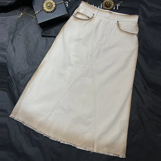 Sexy Fashion High Quality Denim Skirts Women's High Waist Ragged Hem Maxi A-line Skirt Streetwear Summer Y2K Clothing Runway 1