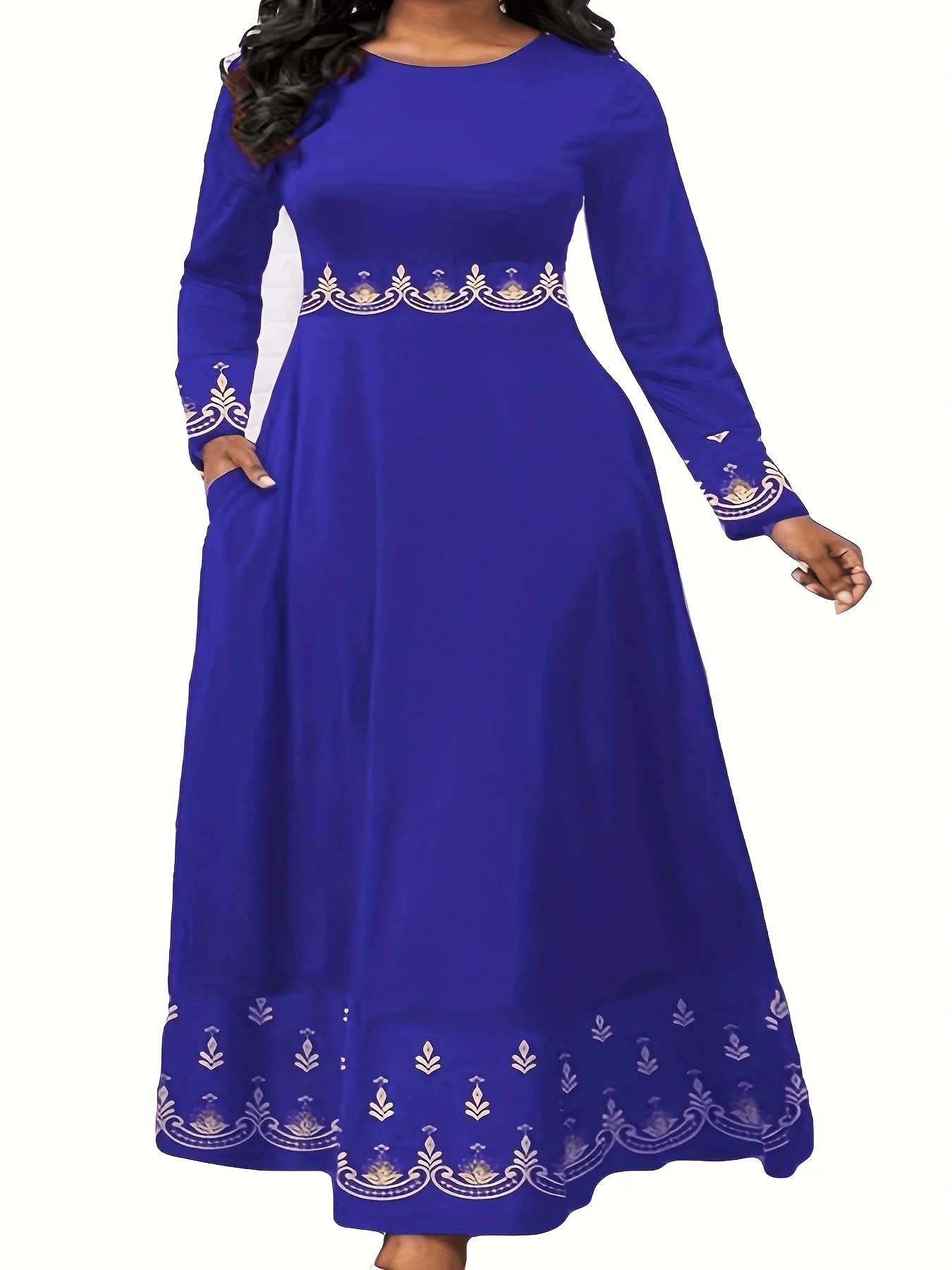 PLUS SIZE Elegant Vintage-Inspired Geometric Print Long Sleeve Pendulum Dress - Crew Neck, Micro Elasticity, Polyester Material 1