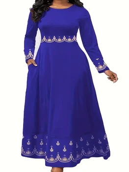 PLUS SIZE Elegant Vintage-Inspired Geometric Print Long Sleeve Pendulum Dress - Crew Neck, Micro Elasticity, Polyester Material 1