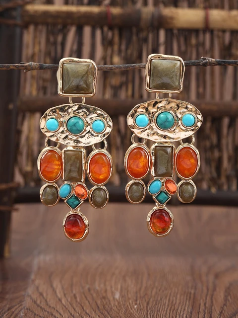 Bohemian Ethnic Retro Dangling Earrings Exaggerated Large Tassels Natural  Stone For Women Jewelry Copper Gold Color