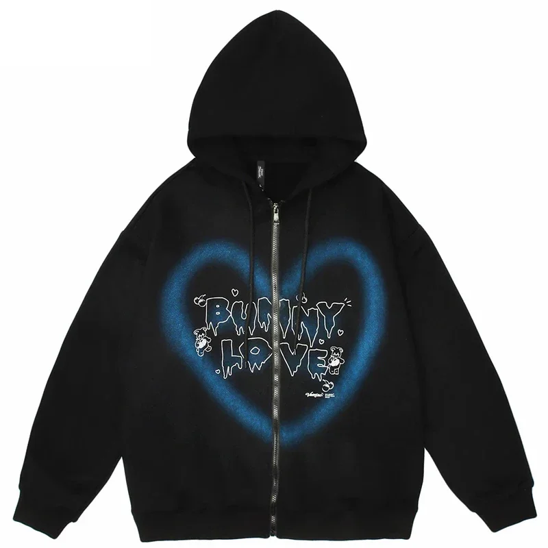 Y2k 2024 Women Zip-up Hoodie Hip Hop Streetwear Graffiti Print Heart Letter Bear Print Sweatshirt Autumn Harajuku Punk E-girl